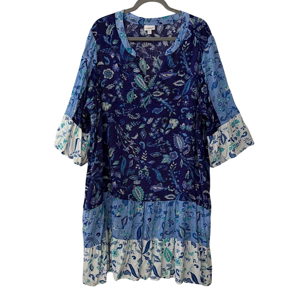 Avenue Blue Floral Paisley Tiered Mini Dress Plus Size 22/24 Bell Sleeve Pocket